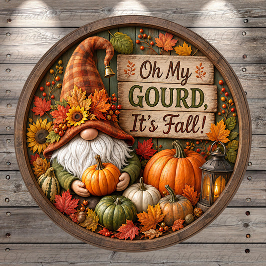 A gnome holding a pumpkin surrounded by autumn leaves, pumpkins, and a lantern, with a sign that says "Oh My Gourd, It's Fall!"