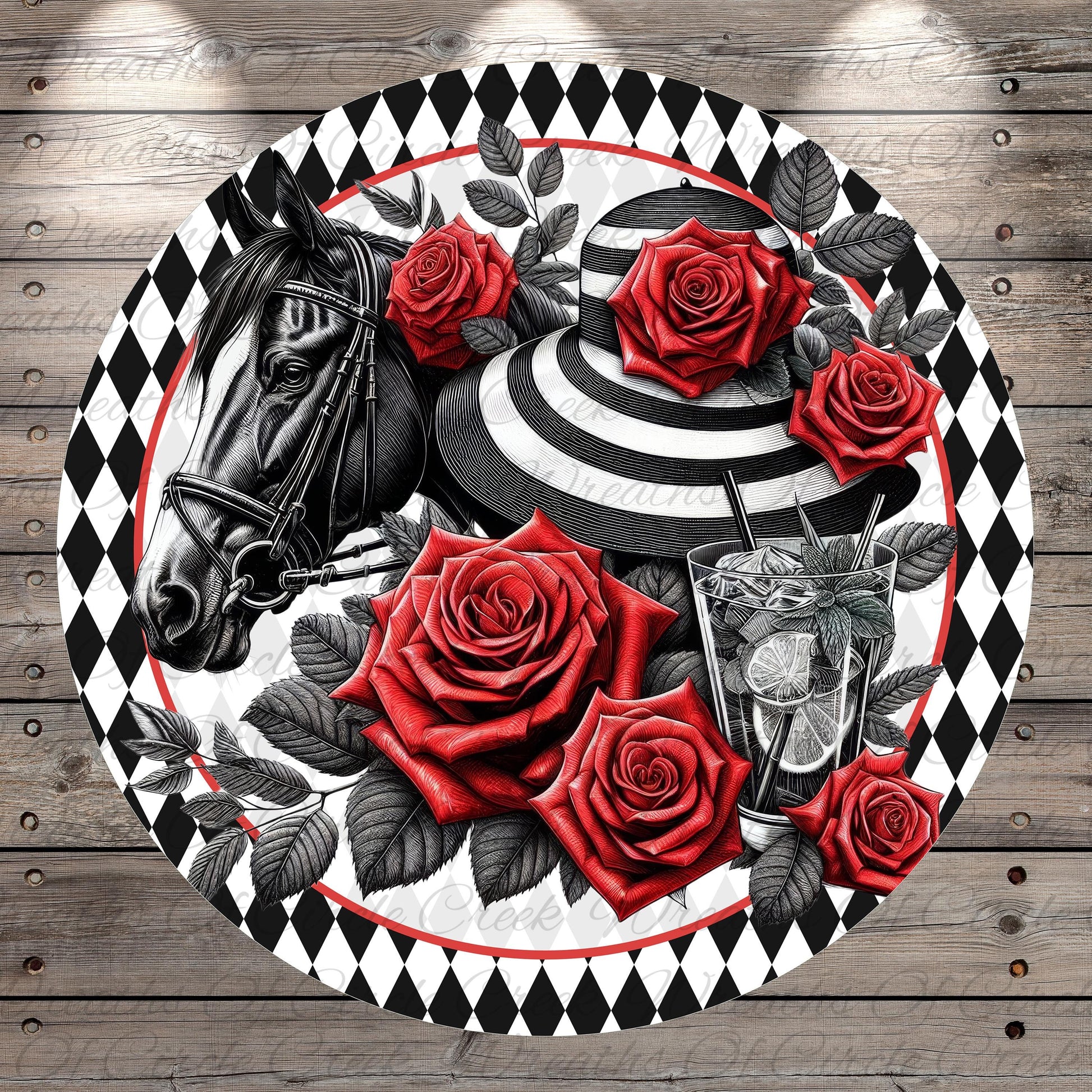 A black and white illustration of a horse surrounded by red roses, a striped hat, and a glass of lemonade, all set against a black and white checkered background.