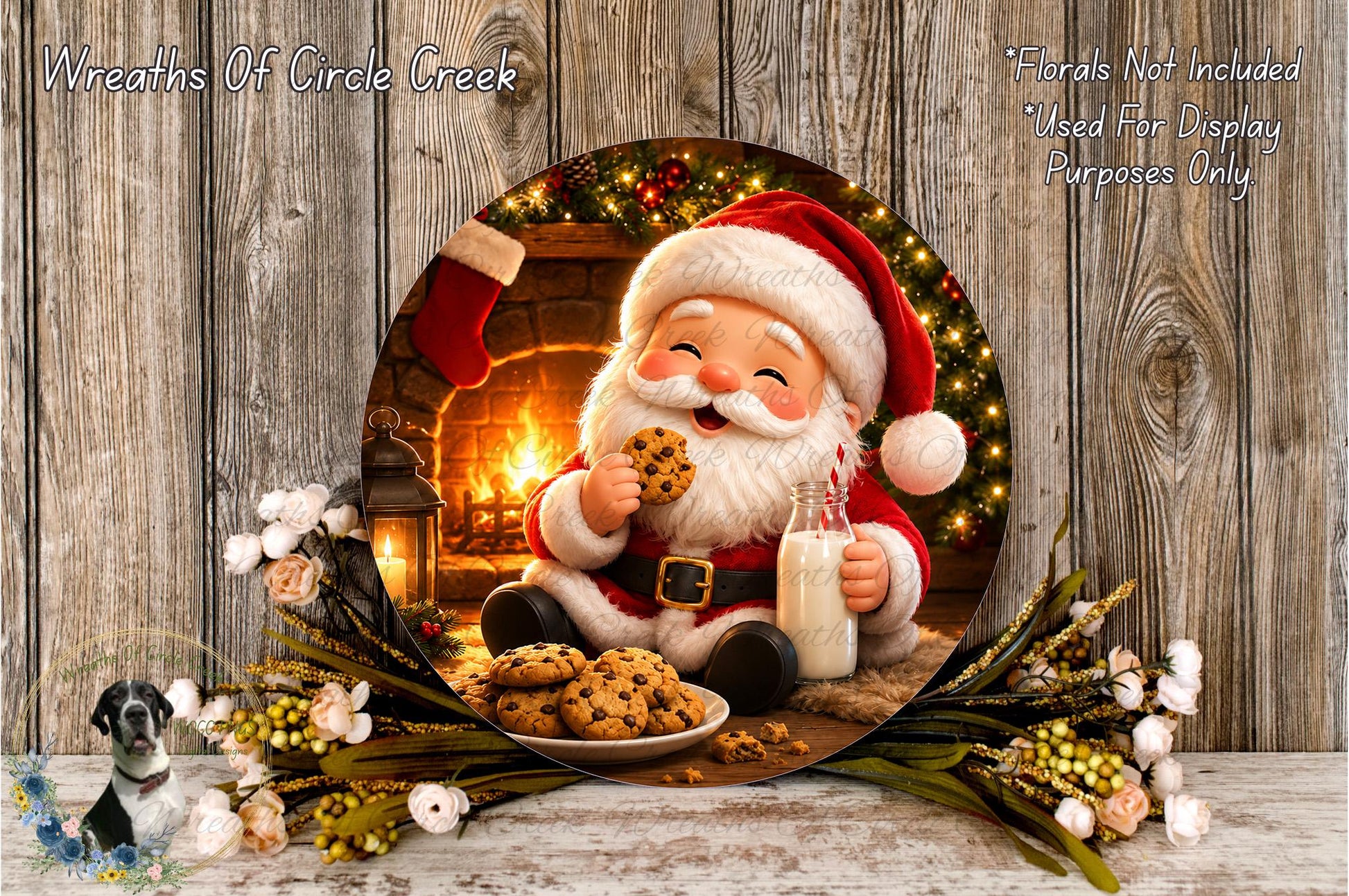 Santa Claus sitting in front of a fireplace, holding a plate of cookies and a glass of milk, with a Christmas wreath and flowers surrounding him.