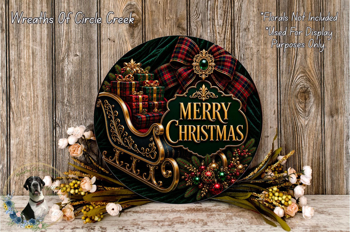 A festive Christmas wreath with a sleigh, presents, and a "Merry Christmas" sign, surrounded by flowers and greenery.