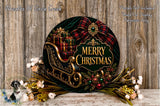 A festive Christmas wreath with a sleigh, presents, and a "Merry Christmas" sign, surrounded by flowers and greenery.