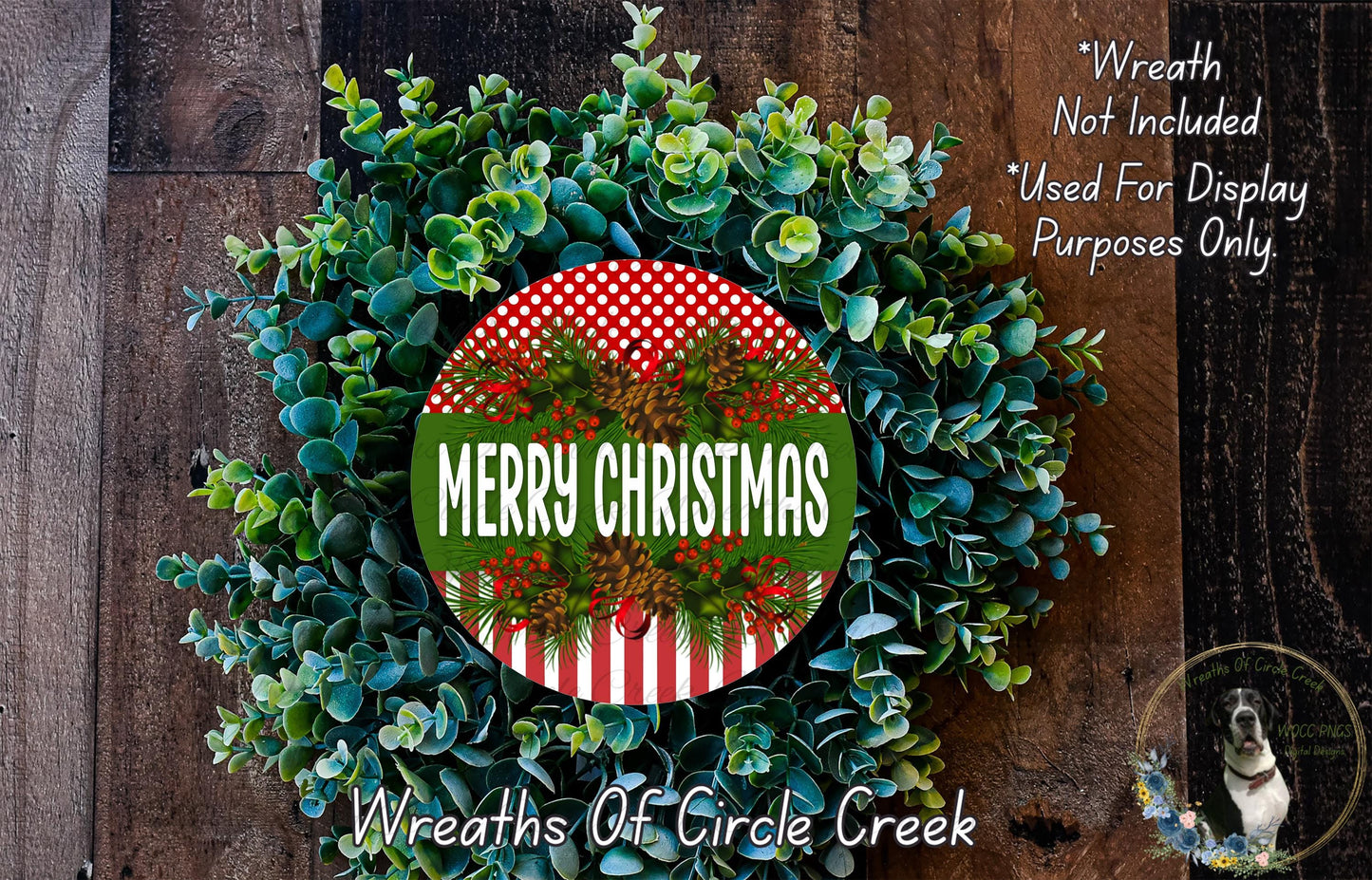 A Christmas wreath made of evergreen branches and a red and white polka dot border, with the text "Merry Christmas" displayed prominently in the center.