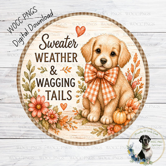 A cheerful golden retriever puppy wearing a plaid bow tie, surrounded by autumn-themed elements such as flowers, leaves, and pumpkins, with the text "Sweater Weather & Wagging Tails" and "WCCPNGS" displayed.