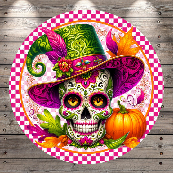 A colorful and intricate digital illustration of a skull wearing a vibrant, ornate hat with feathers and a pumpkin, surrounded by autumn leaves and flowers.