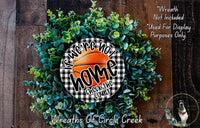a wreath made of green leaves and an orange basketball, with the text "If we're not at home, check the court" written on it.