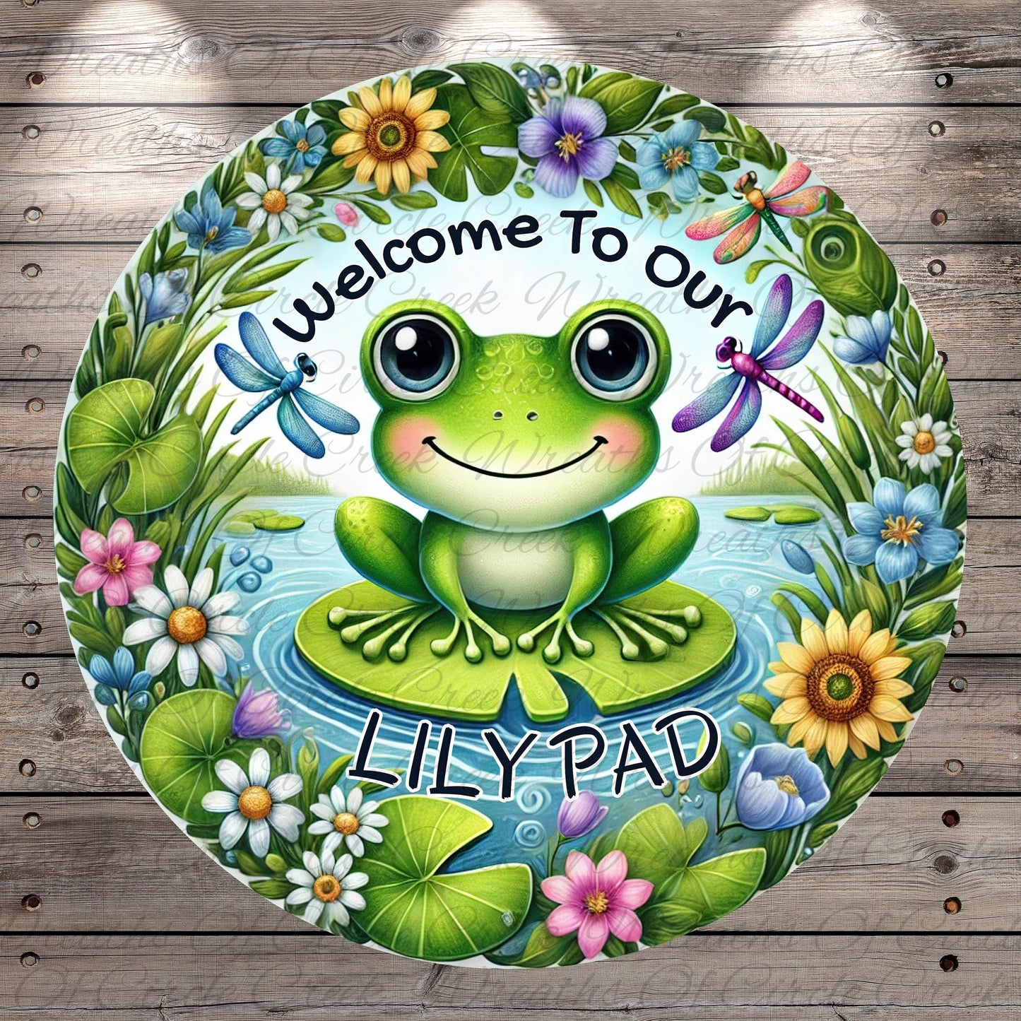 a green frog sitting on top of a lily pad