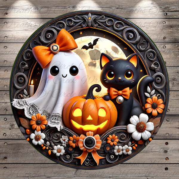 A Halloween-themed decorative frame with a ghost, a cat, a pumpkin, and flowers.