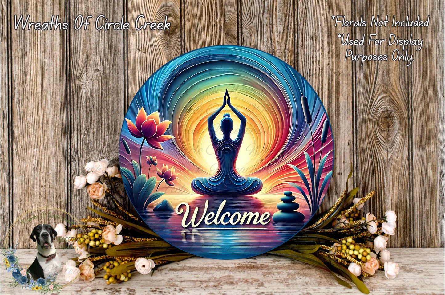 a colorful welcome sign with a yoga pose, surrounded by flowers and a wooden background.