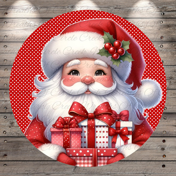 Santa Claus holding a pile of presents against a red background with white polka dots.