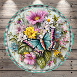 A round, decorative plate with a floral arrangement featuring a butterfly and various colorful flowers.