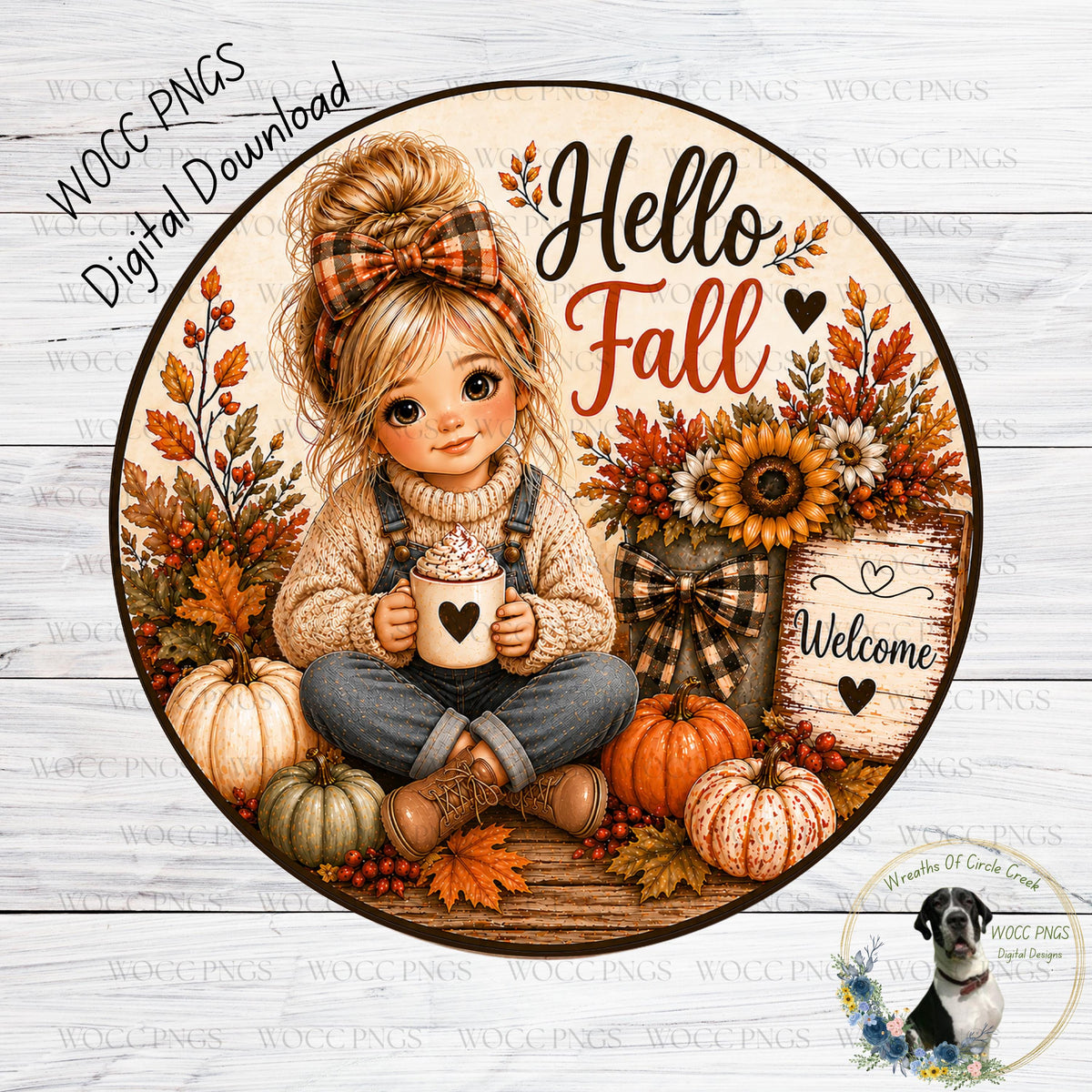 A digital illustration of a young girl sitting on the ground surrounded by autumn-themed elements, including pumpkins, sunflowers, and a "Welcome" sign.