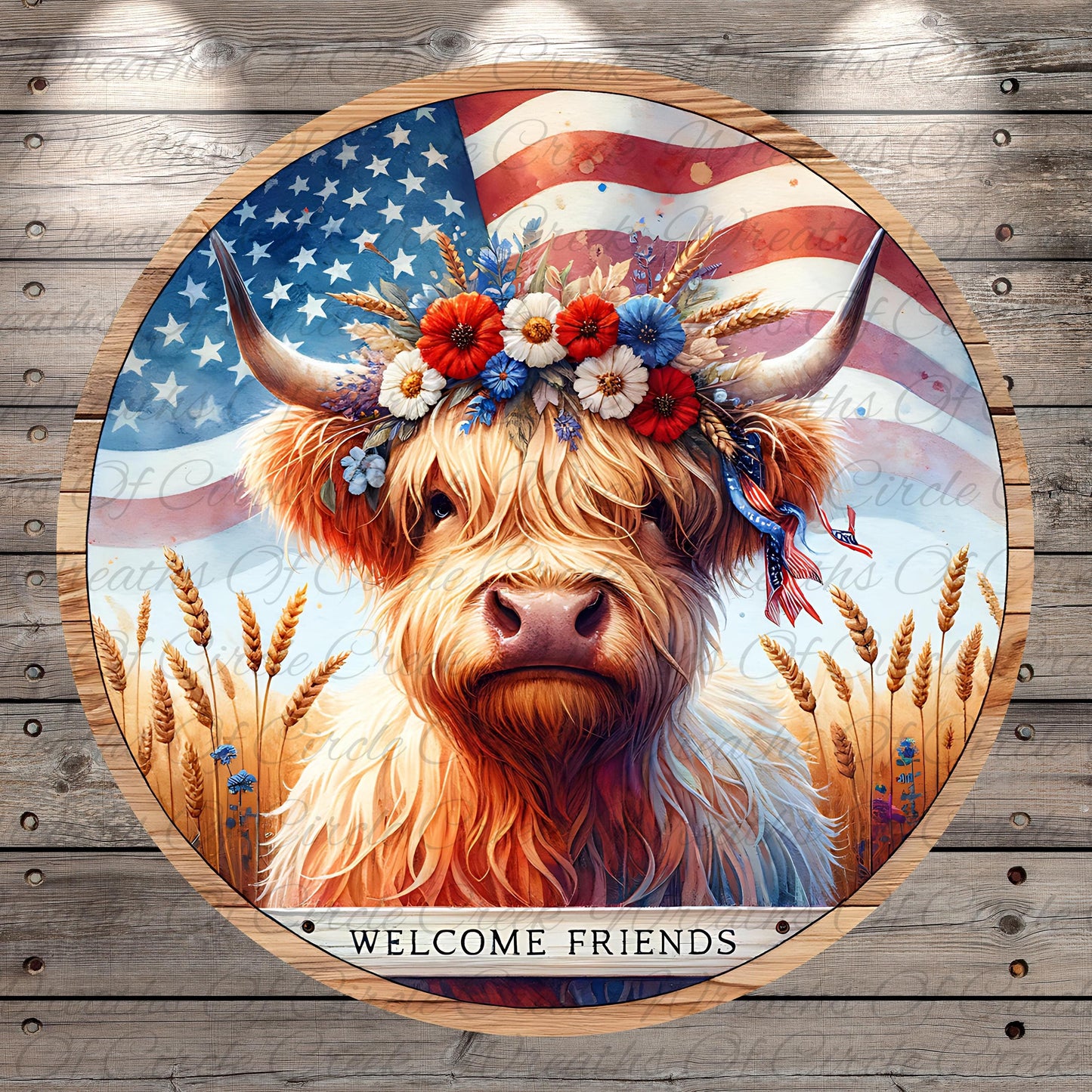 A close-up of a Highland cow wearing a flower crown, with an American flag in the background.