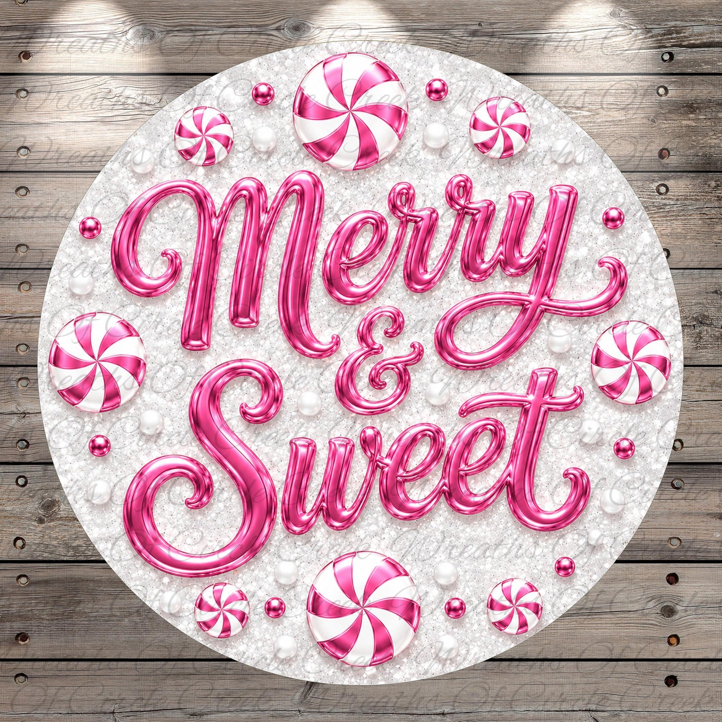 A circular arrangement of pink and white candy pieces, with the text "Merry & Sweet" prominently displayed in the center.