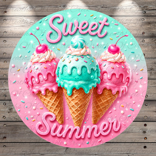 A circular design featuring three colorful ice cream cones with pink and blue toppings, surrounded by sprinkles and the text "Sweet Summer" in pink.