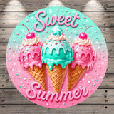 A circular design featuring three colorful ice cream cones with pink and blue toppings, surrounded by sprinkles and the text "Sweet Summer" in pink.