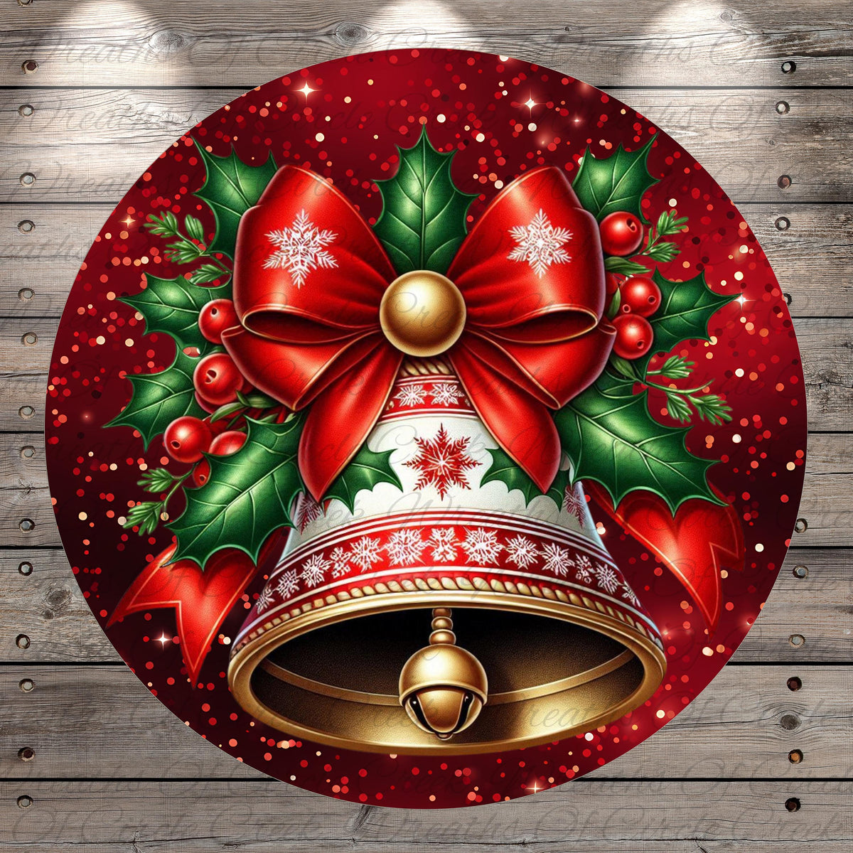 A festive Christmas-themed image featuring a large bell with a red bow, surrounded by holly leaves, berries, and snowflakes against a red background with a wooden texture.