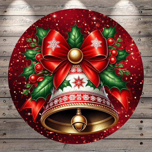 A festive Christmas-themed image featuring a large bell with a red bow, surrounded by holly leaves, berries, and snowflakes against a red background with a wooden texture.