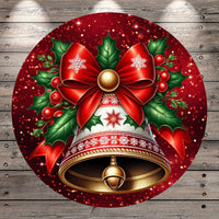 A festive Christmas-themed image featuring a large bell with a red bow, surrounded by holly leaves, berries, and snowflakes against a red background with a wooden texture.
