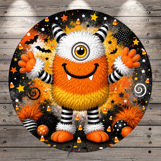 A whimsical, cartoonish monster with a large, round head, orange and white fur, and a big smile, surrounded by Halloween-themed elements such as candy, bats, stars, and a spiral.