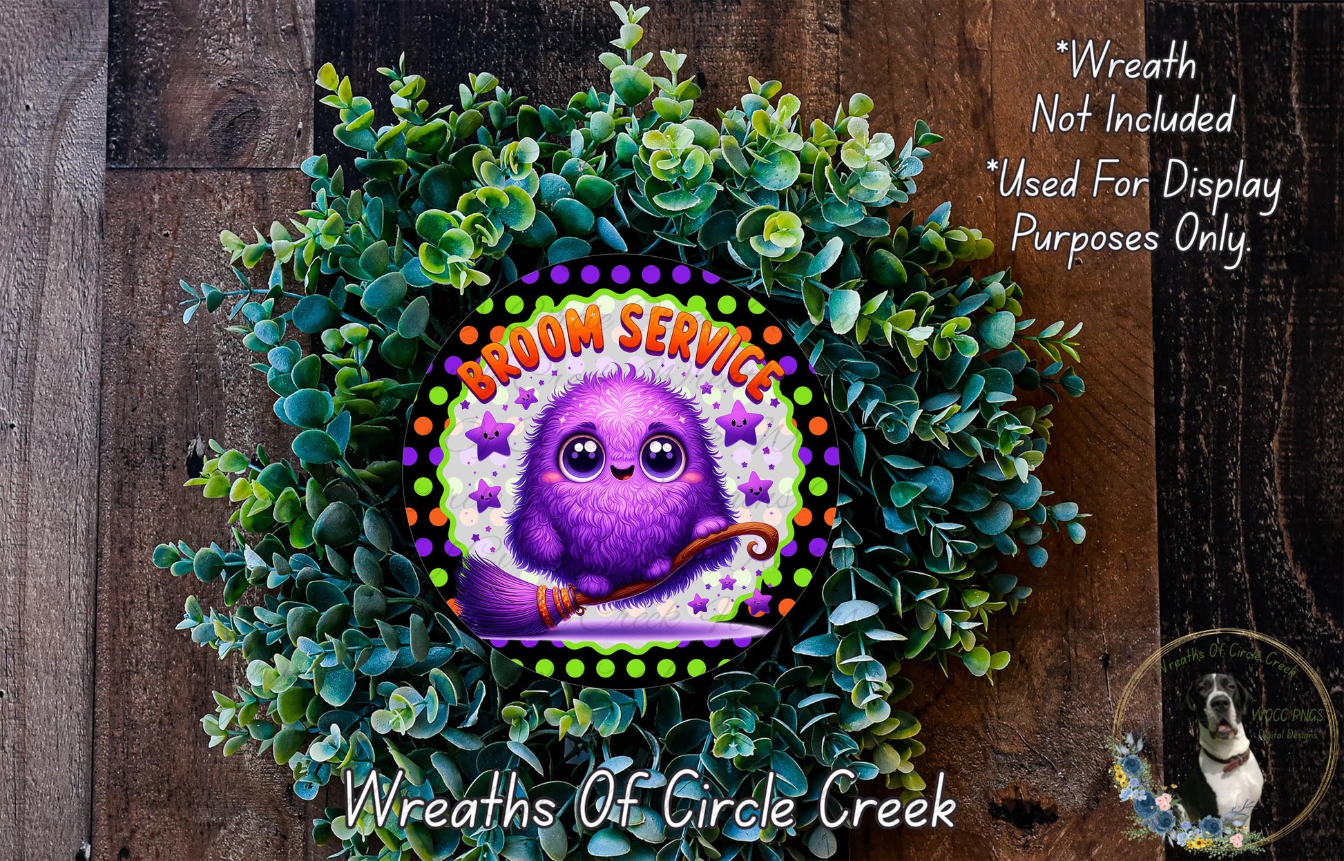 A wreath made of green leaves and a purple fairy with a broom, featuring the text "Groom Service" and "Wreaths of Circle Creek".