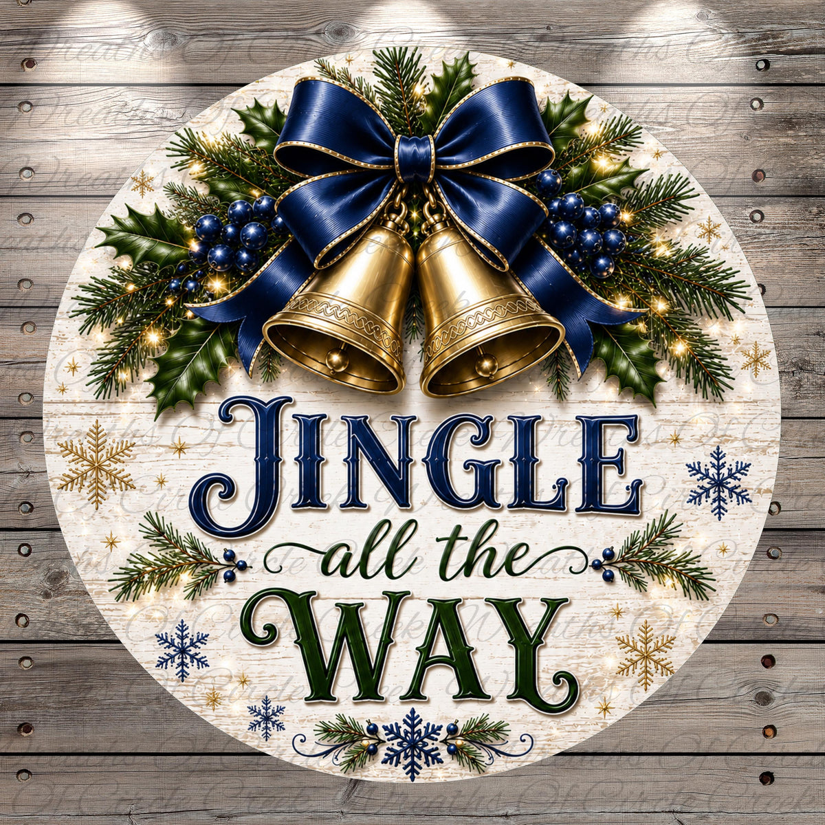 A festive Christmas-themed sign with the text "Jingle all the Way" surrounded by holiday decorations such as bells, holly, and snowflakes.