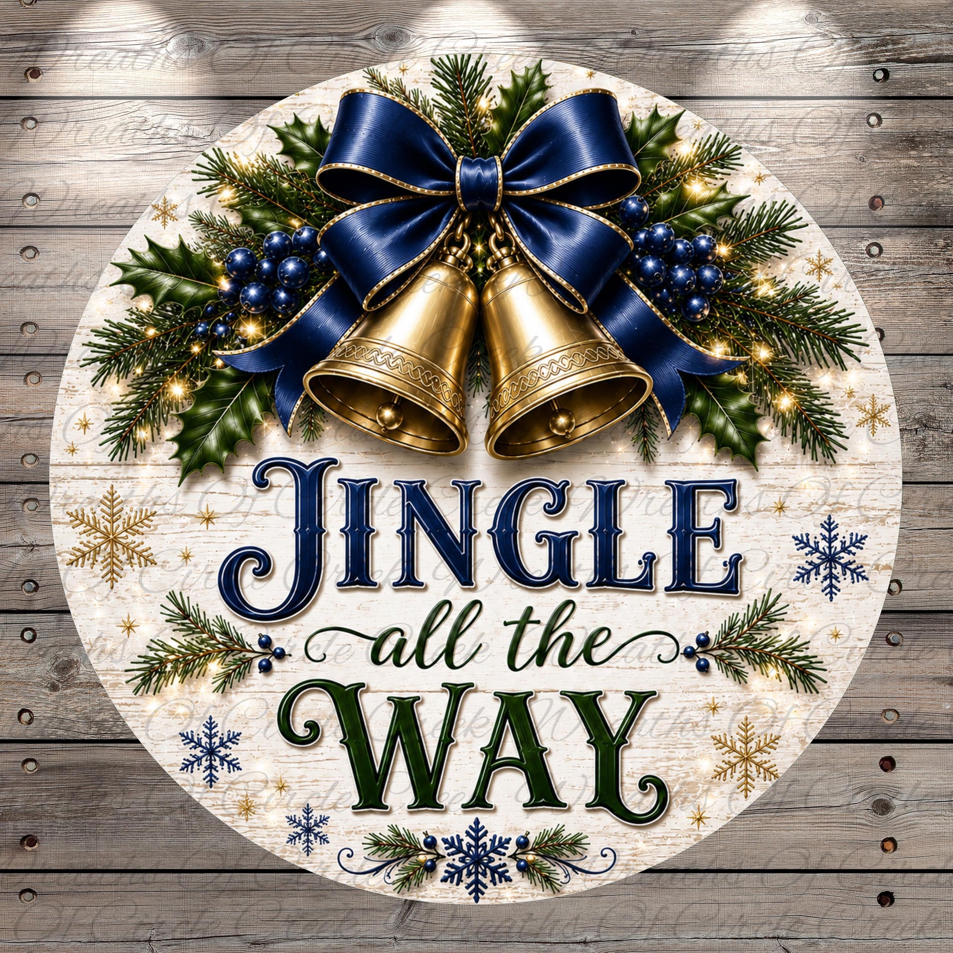 A festive Christmas-themed sign with the text "Jingle all the Way" surrounded by holiday decorations such as bells, holly, and snowflakes.