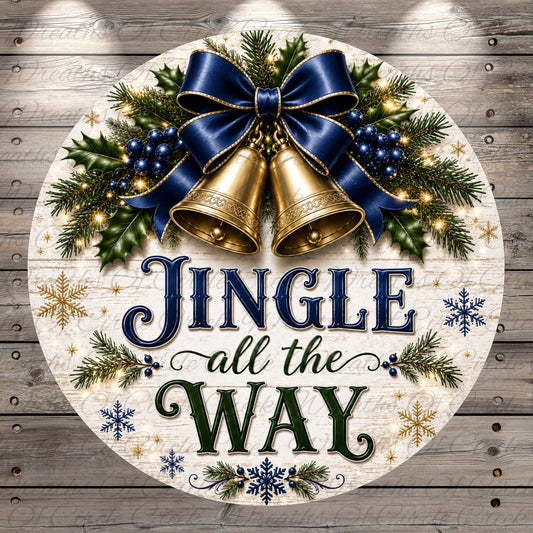 A festive Christmas-themed sign with the text "Jingle all the Way" surrounded by holiday decorations such as bells, holly, and snowflakes.