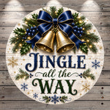 A festive Christmas-themed sign with the text "Jingle all the Way" surrounded by holiday decorations such as bells, holly, and snowflakes.