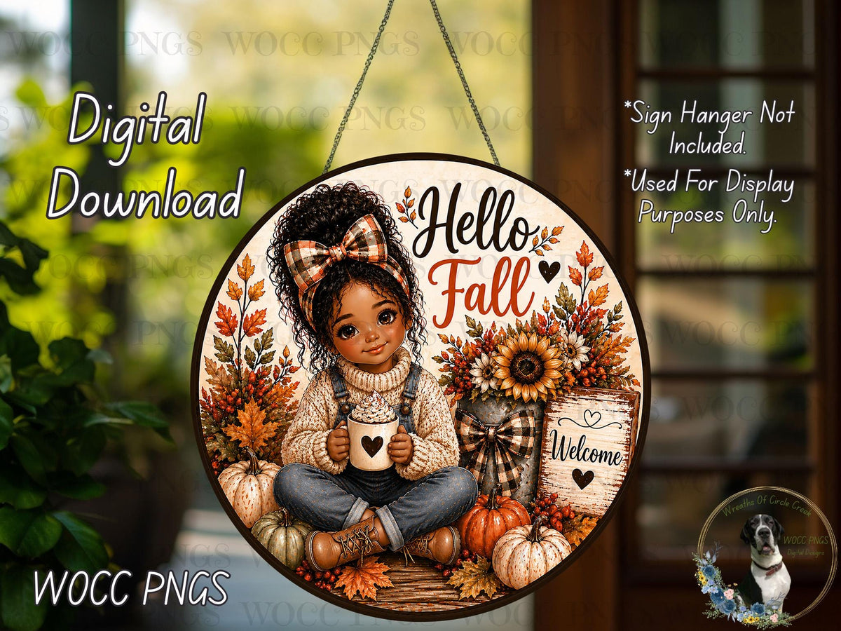 Hello Fall Girl PNG | Cozy Autumn Cocoa Wreath Sign | Pumpkin Sunflower Decor | Digital Download