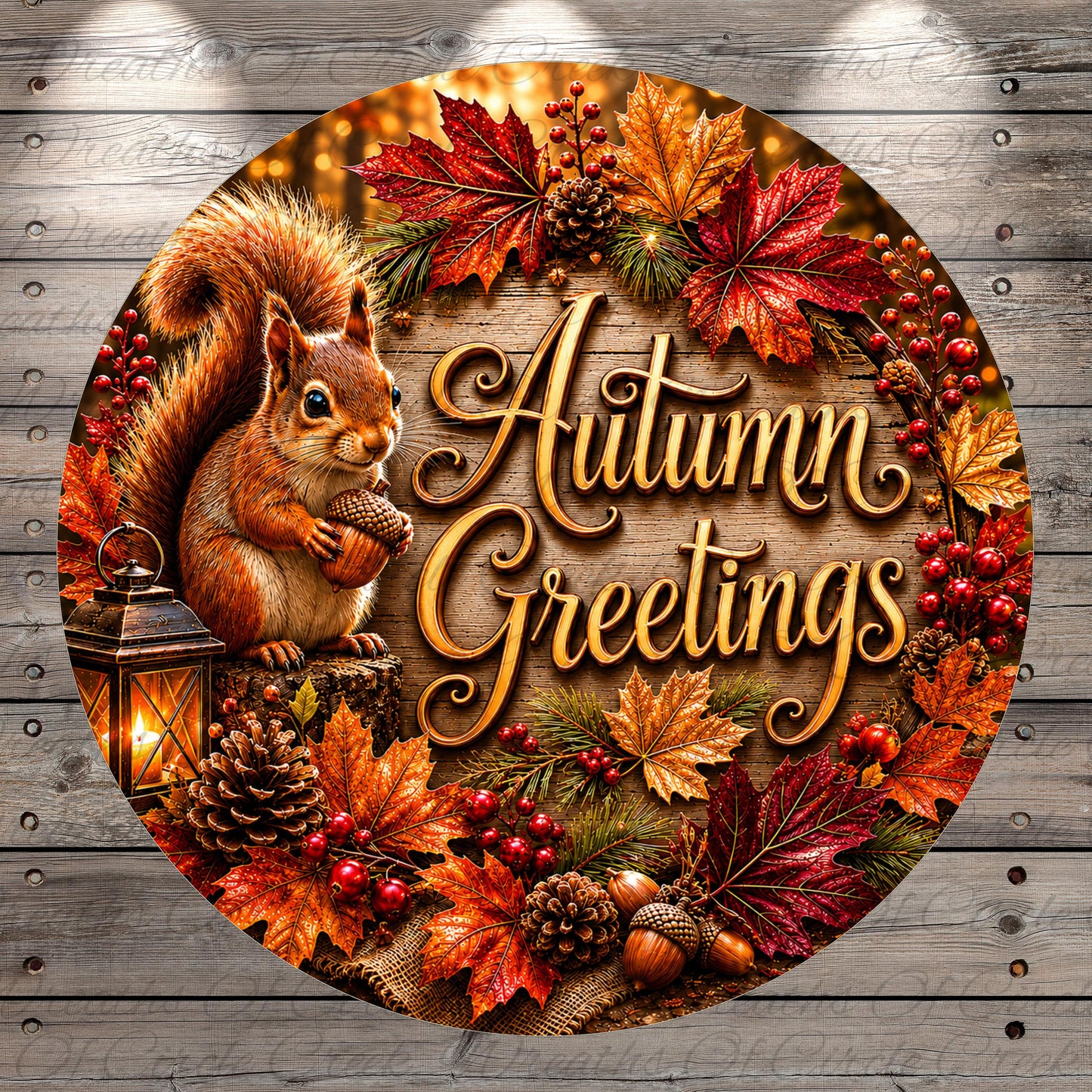 A round wooden sign with a squirrel holding a nut, surrounded by autumn leaves, berries, and a lantern, with the text "Autumn Greetings" displayed prominently.