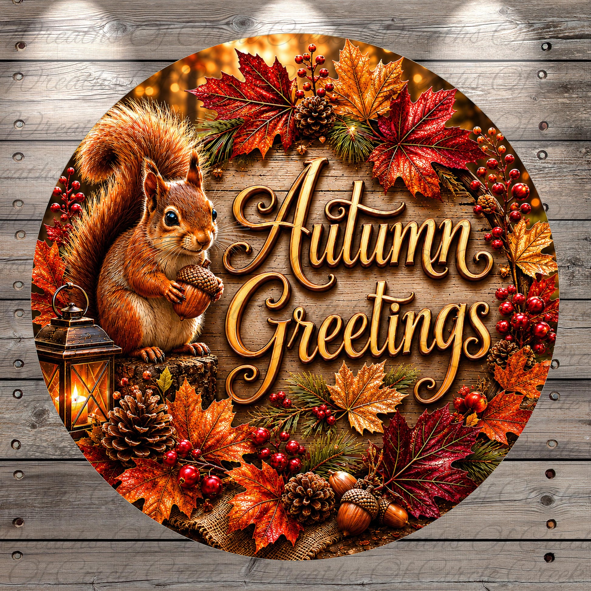 A round wooden sign with a squirrel holding a nut, surrounded by autumn leaves, berries, and a lantern, with the text "Autumn Greetings" displayed prominently.