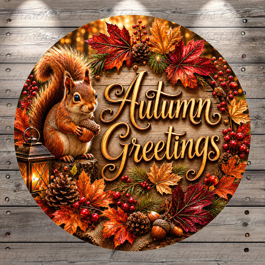 A round wooden sign with a squirrel holding a nut, surrounded by autumn leaves, berries, and a lantern, with the text "Autumn Greetings" displayed prominently.