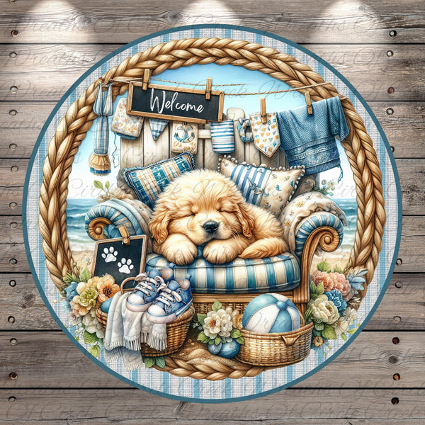 A golden retriever puppy is sleeping on a blue and white striped chair, surrounded by various objects such as a sign, clothes, flowers, and a ball, all set against a backdrop of a wooden fence and a blue sky.