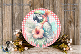 a vibrant and colorful parrot surrounded by tropical foliage and flowers, set against a rustic wooden background.