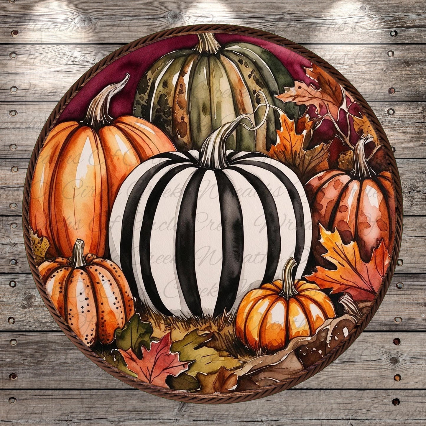 a painting of a pumpkin surrounded by leaves