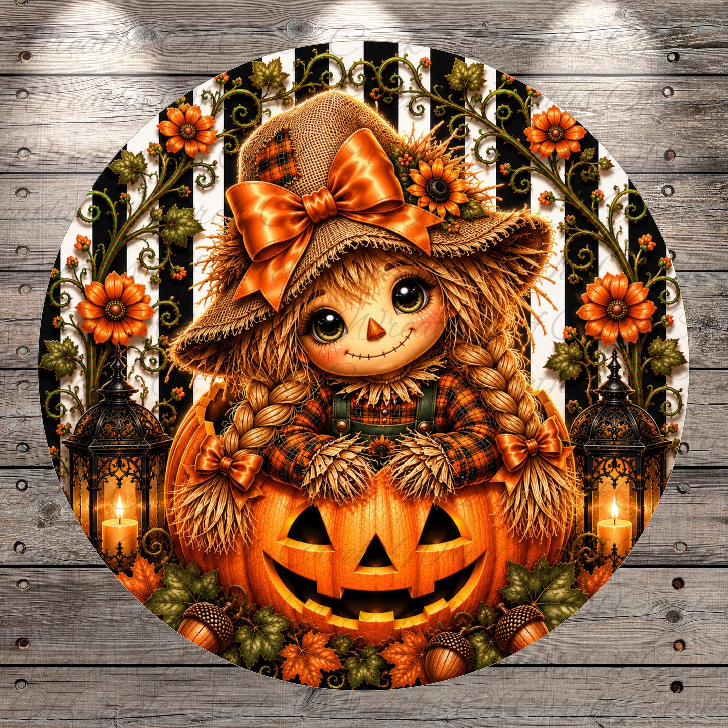 A whimsical illustration of a scarecrow or rag doll sitting in a carved pumpkin, surrounded by autumnal elements such as flowers, leaves, and lanterns.
