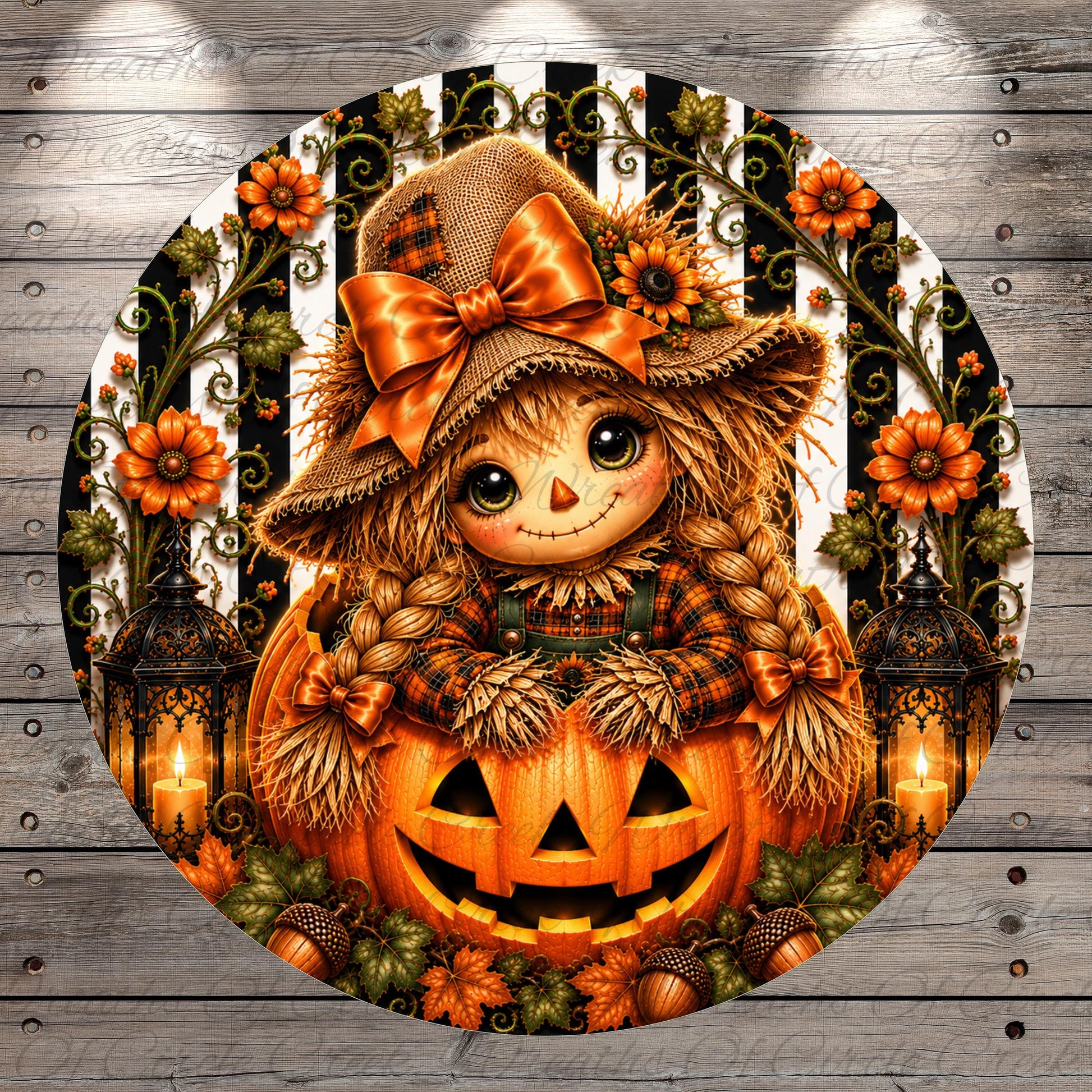 A whimsical illustration of a scarecrow or rag doll sitting in a carved pumpkin, surrounded by autumnal elements such as flowers, leaves, and lanterns.