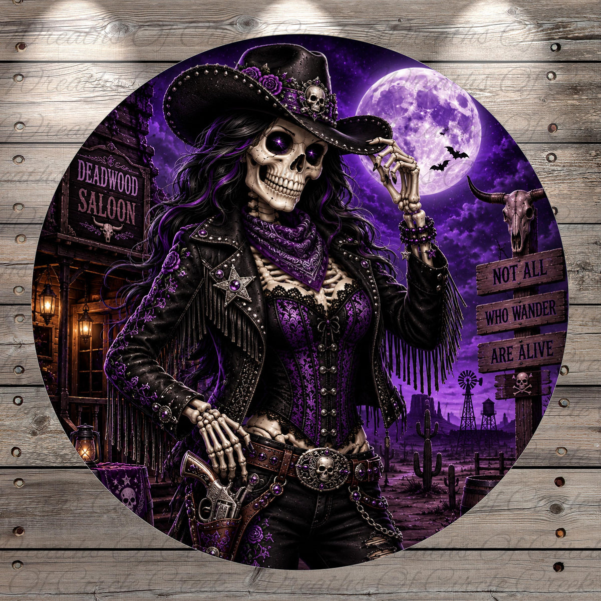 A skeleton wearing a cowboy hat and holding a gun stands in front of a sign for the Deadwood Saloon, with a full moon and a desert landscape in the background.