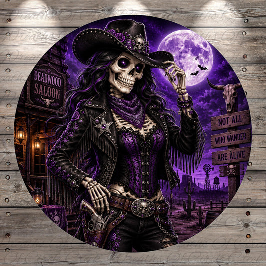 A skeleton wearing a cowboy hat and holding a gun stands in front of a sign for the Deadwood Saloon, with a full moon and a desert landscape in the background.