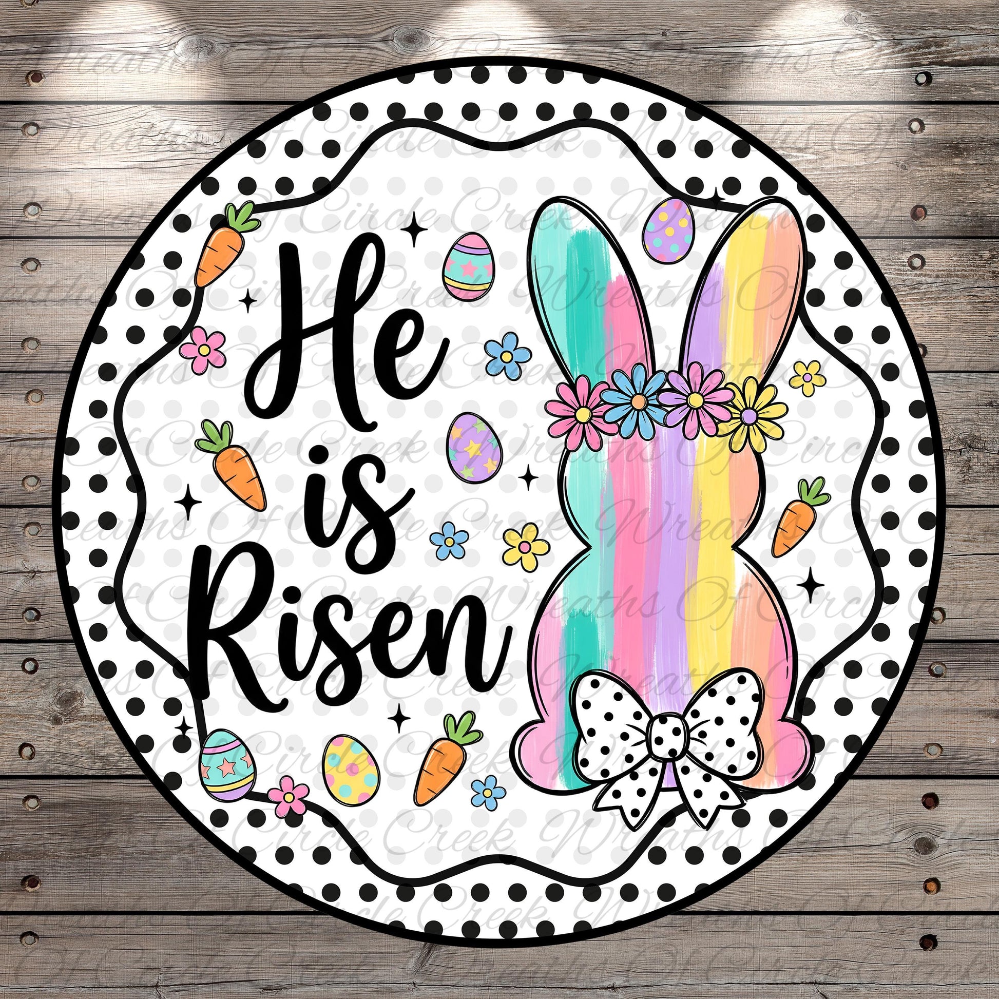 A round decorative Easter-themed design featuring a bunny, flowers, eggs, and a bow.