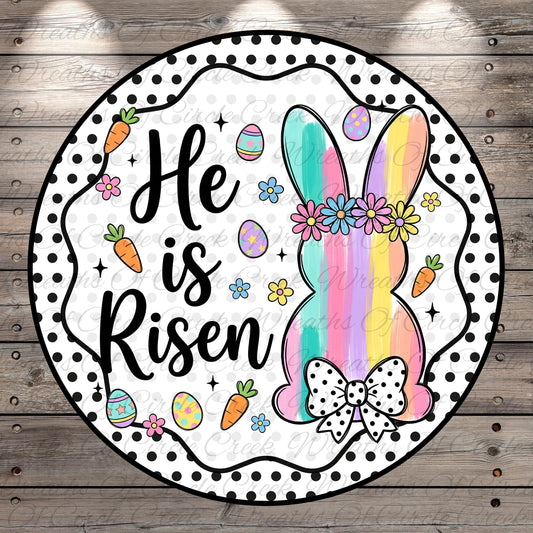 A round decorative Easter-themed design featuring a bunny, flowers, eggs, and a bow.