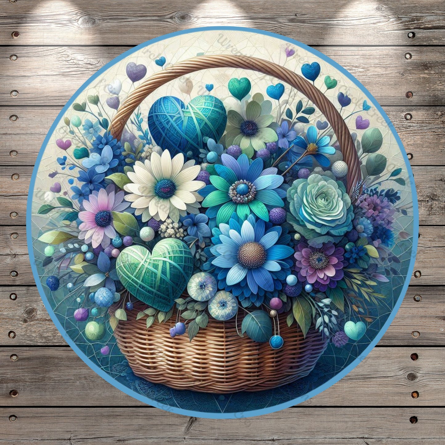 Whimsical Florals In Basket, Hearts, Blue, Purple, Green, Pink, Hello, Welcome, Round, Lightweight, Metal Wreath Sign, No Holes In Sign