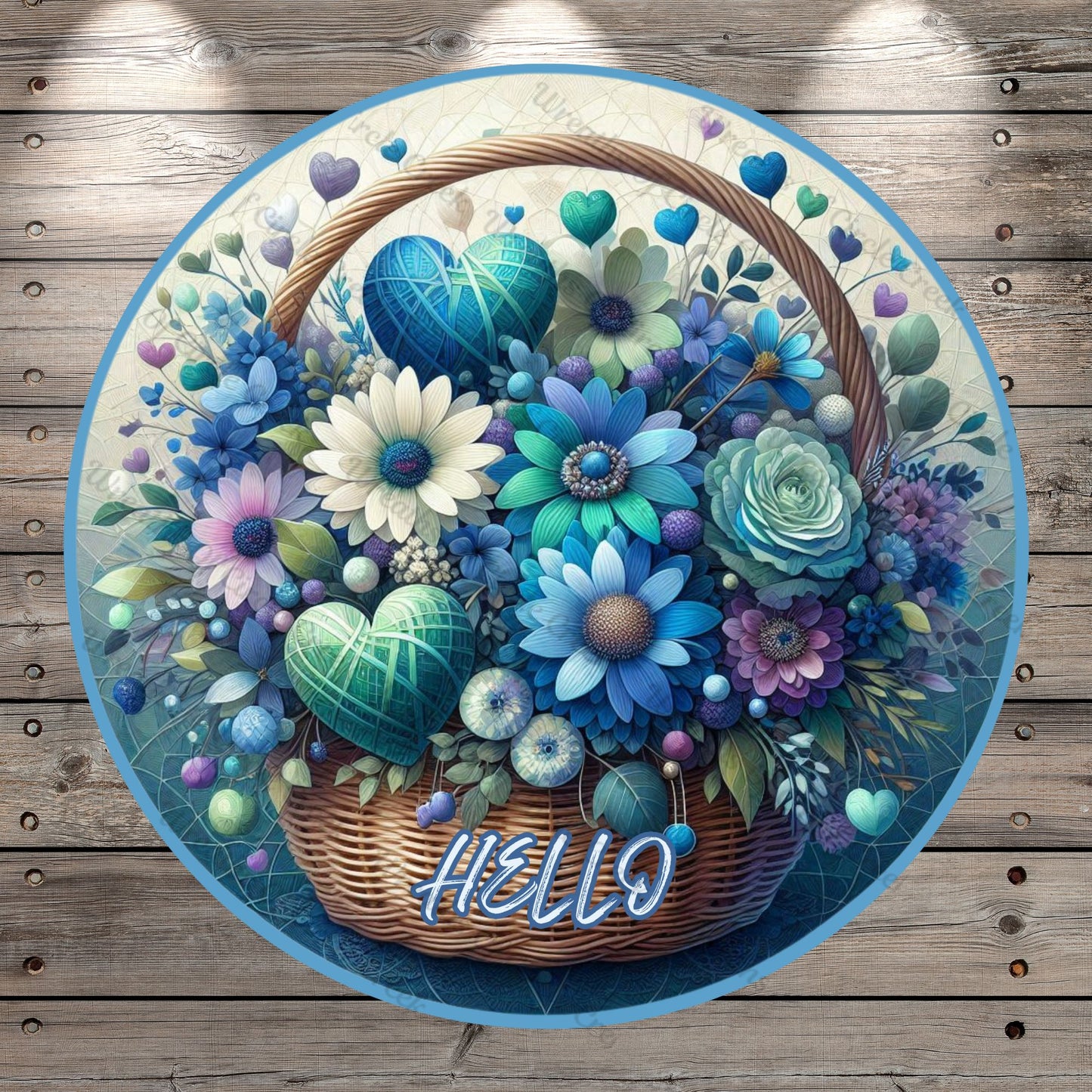 Whimsical Florals In Basket, Hearts, Blue, Purple, Green, Pink, Hello, Welcome, Round, Lightweight, Metal Wreath Sign, No Holes In Sign