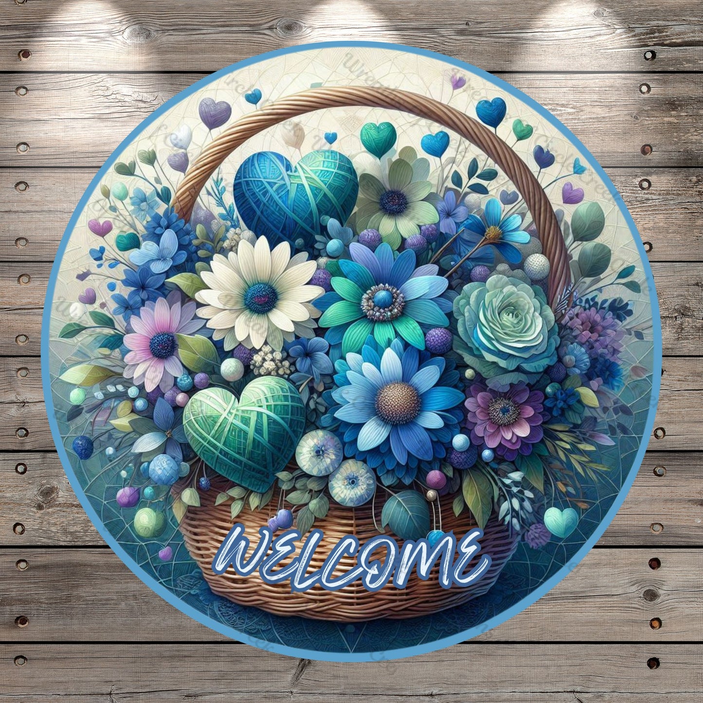 Whimsical Florals In Basket, Hearts, Blue, Purple, Green, Pink, Hello, Welcome, Round, Lightweight, Metal Wreath Sign, No Holes In Sign