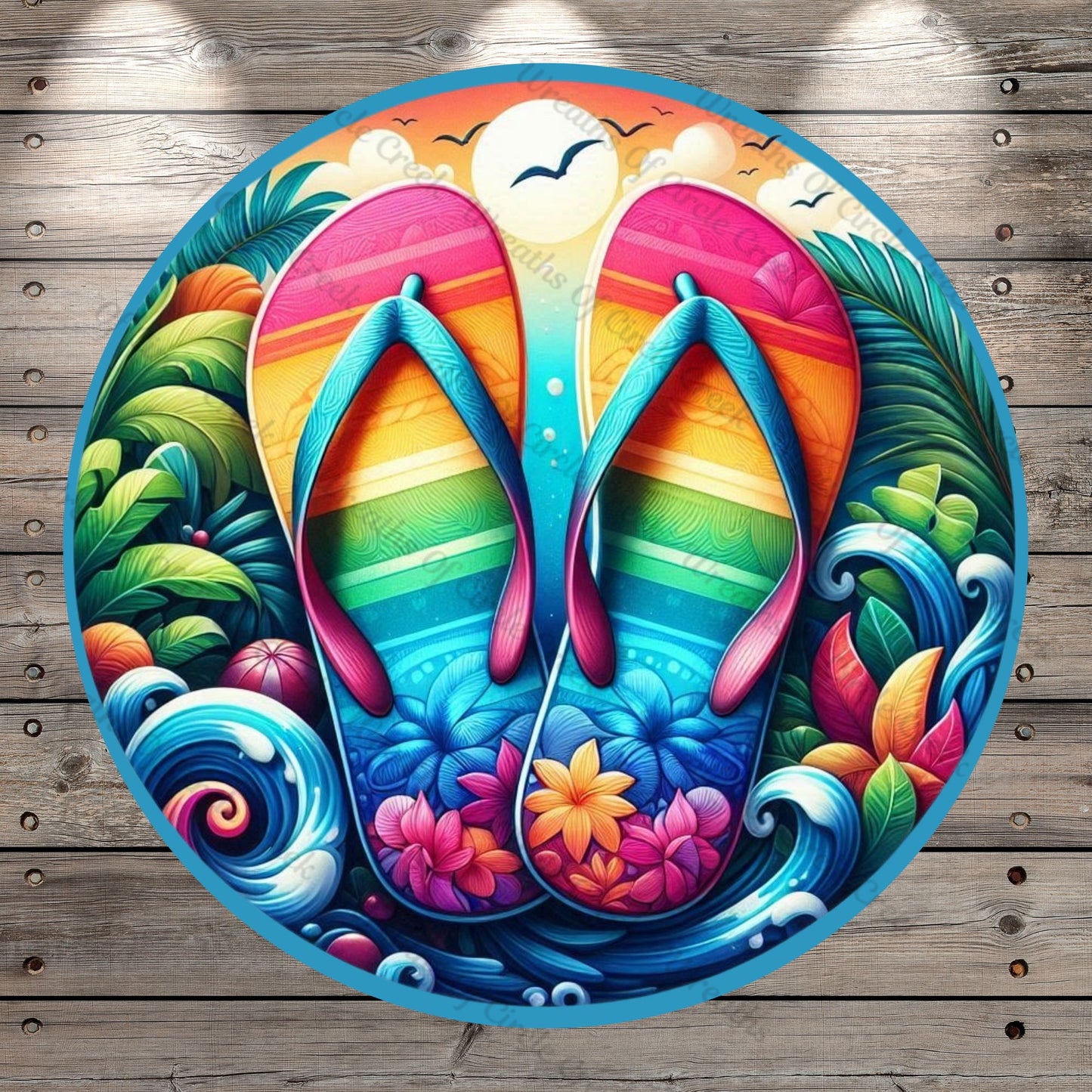 Beach Life, Flip Flop Wreath Sign, Tropical Coastal, Colorful, Round, Lightweight Metal, No Holes In Sign