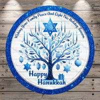 Happy Hanukkah, Menorah Tree, Blue, Star Of David, Round, Light Weight, Metal Wreath Sign, No Holes In Sign