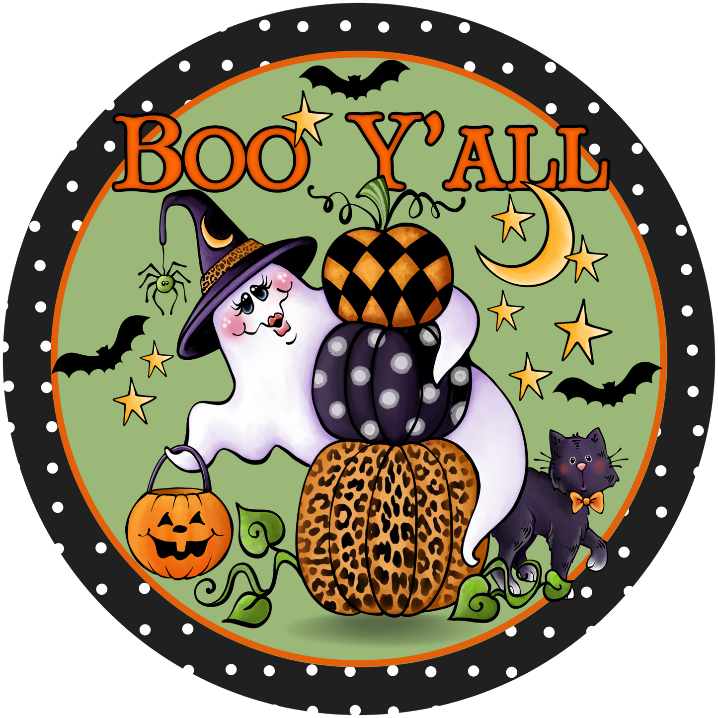 Boo Y'all Ghost, Polka Dot, Border, Round UV Coated, Metal Sign, No Holes