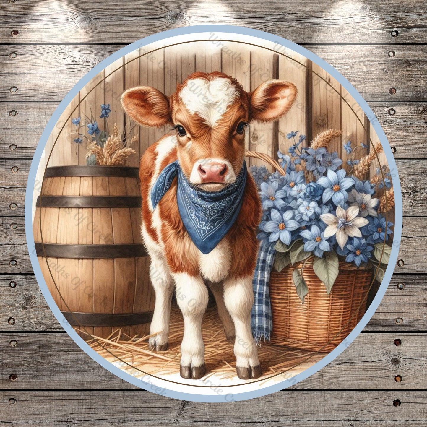 Calf Standing, Blue Bandana, Cow, Blue Florals, Farmhouse, Lightweight, Wreath Sign, No Holes In Sign