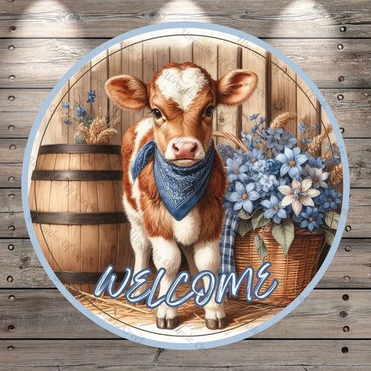 Calf Standing, Blue Bandana, Cow, Blue Florals, Farmhouse, Lightweight, Wreath Sign, No Holes In Sign