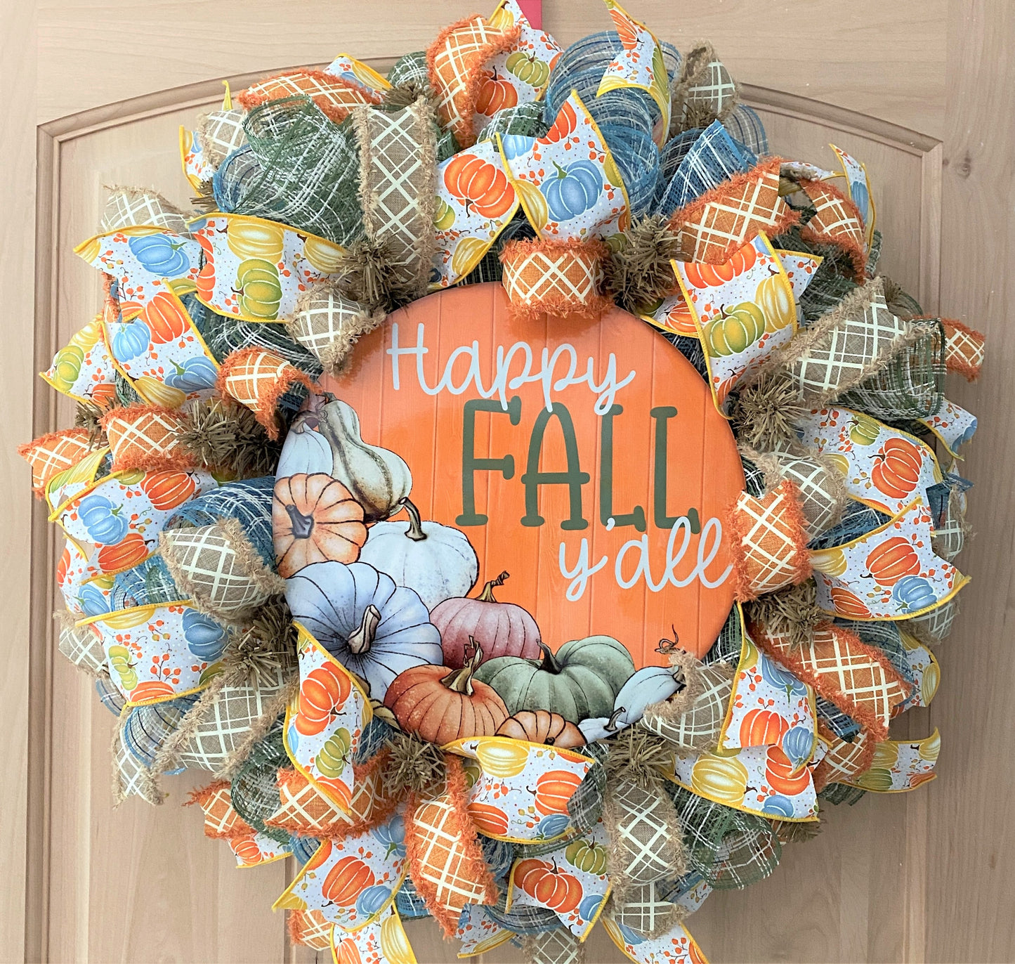 Fall Wreath, Happy Fall Y'all, Colorful Pumpkins, Deco Mesh Wreath
